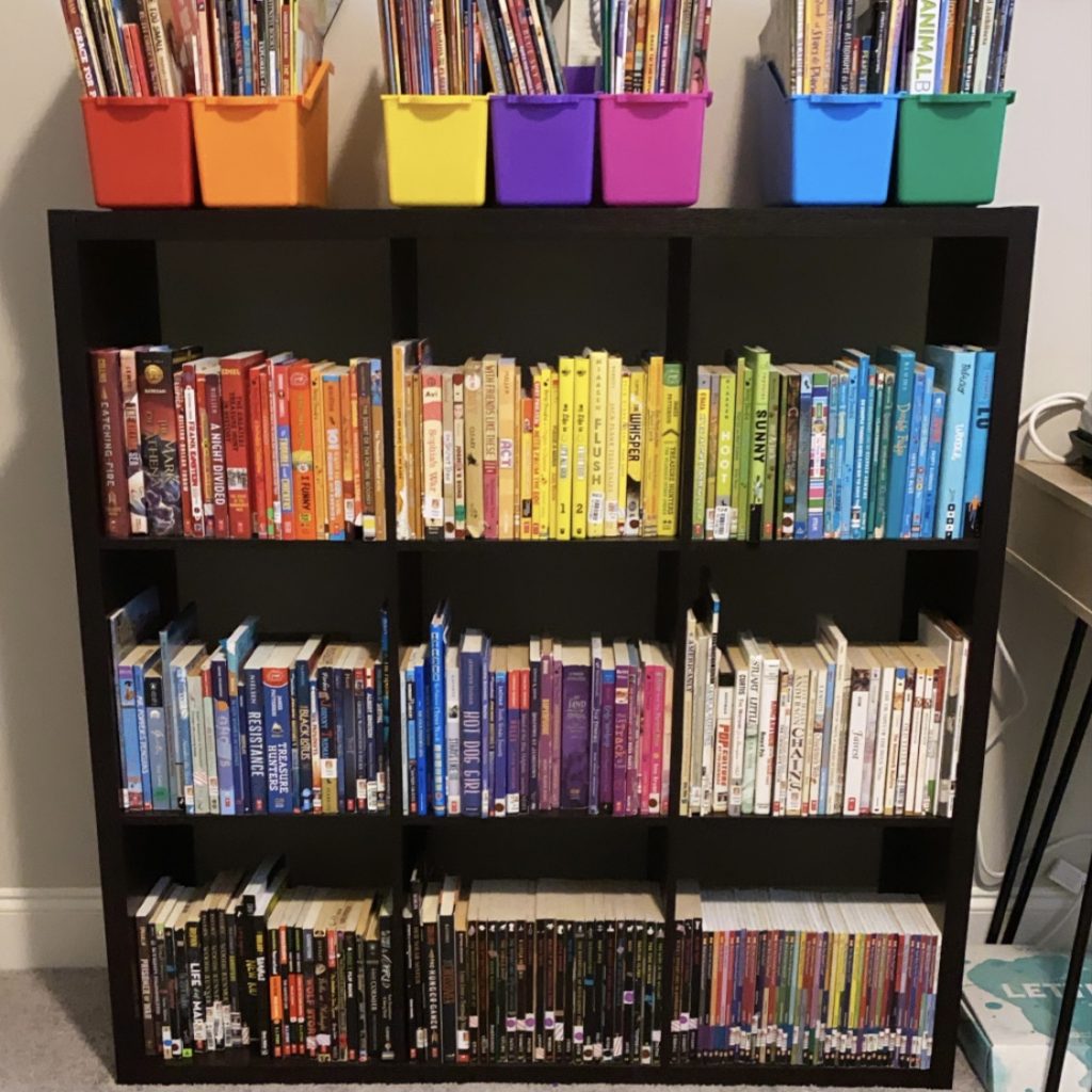 Fifth is my Jam Classroom Library with books organized by color.